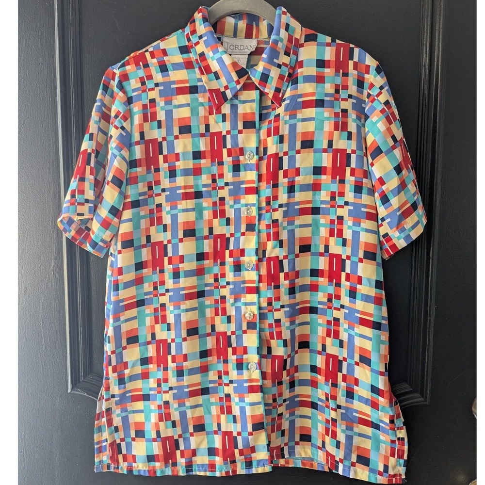 Vtg Button Up Blouse Shirt Multicolor Geometric Grid Short Sleeve Sz 8 Abstract